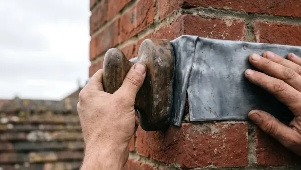 Flashing being dressed into a brick chimney where it meets the roof