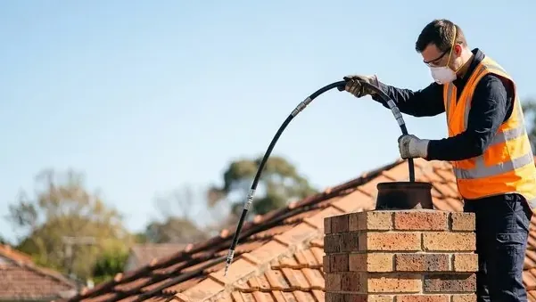 Technician in a safety vest working rods down a chimney from a Redwood City roof