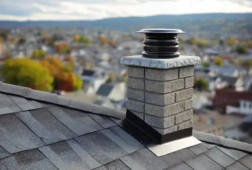 Stone chimney with cap and flashing on an older Peninsula home