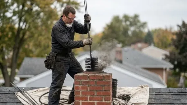 Chimney being cleaned from the roof with trees in the background